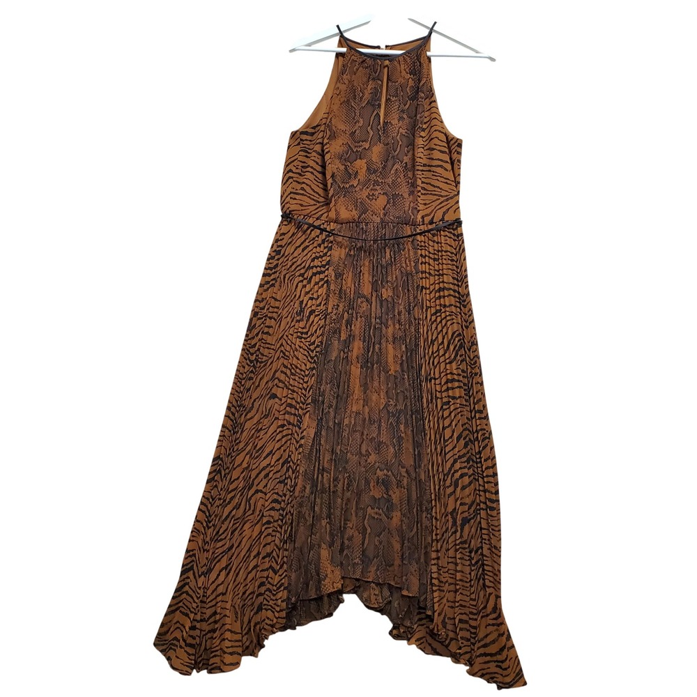 White House Black Market Animal Print Maxi Dress Womens 6 Brown Pleated Halter